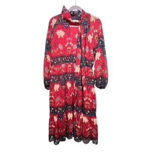Loft Petites Red Floral Paisley Tie Neck Tiered Midi Dress LP Long Sleeve Boho